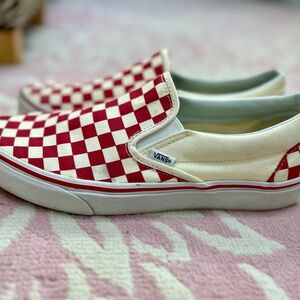 Vans Men’s Red and Cream Checkered Slip-On Sneakers